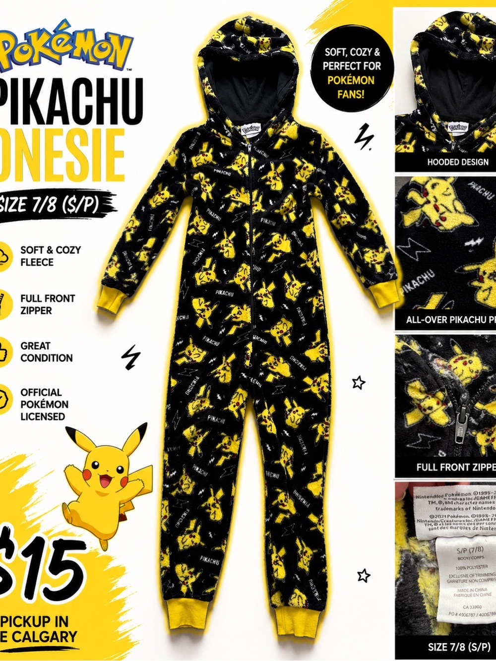 Nintendo Pikachu Fleece Onesie - Black & Yellow
